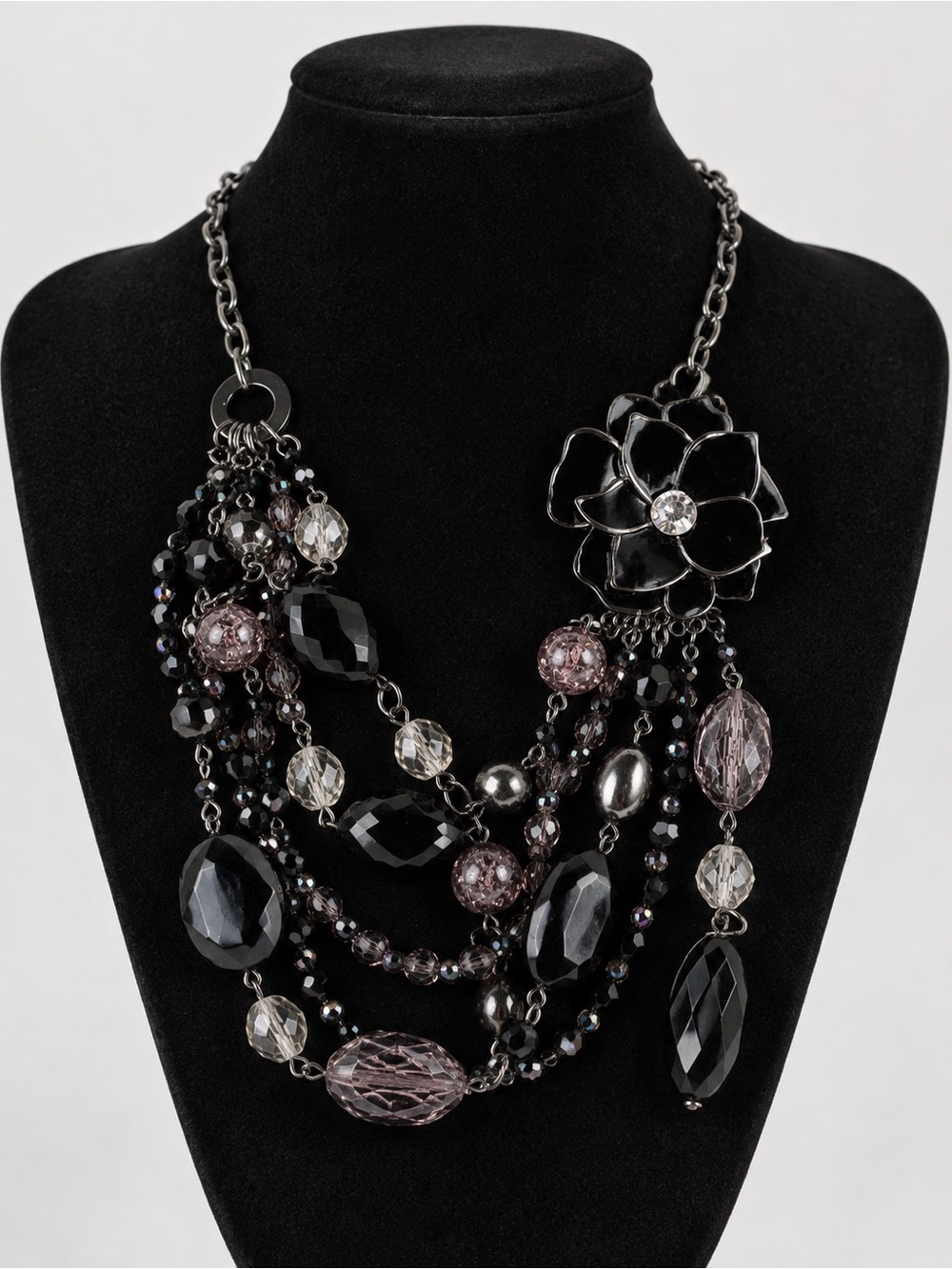 Women’s New York & Company Black Multi Strand Beaded Floral Statement Necklace